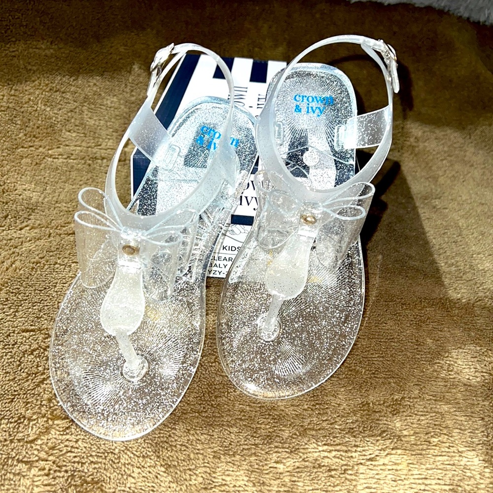 Crown & Ivy Girls Clear Baly Glitter Thong Jelly Sandals Size 2 “NEW”
